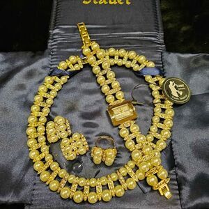 Vintage Stauer Faux Pearl Watch, Ring, Earrings and Necklace